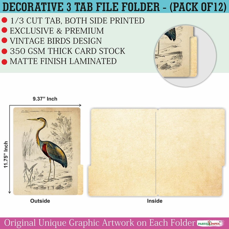 PARTH IMPEX 12 Pack Decorative File Folders, 1/3 Cut Tab with Assorted Positions, Letter Size Paper Holders (9.75” x 11.75”) Matte Finish Laminated for Office School Work - Vintage Birds Design - Image 2